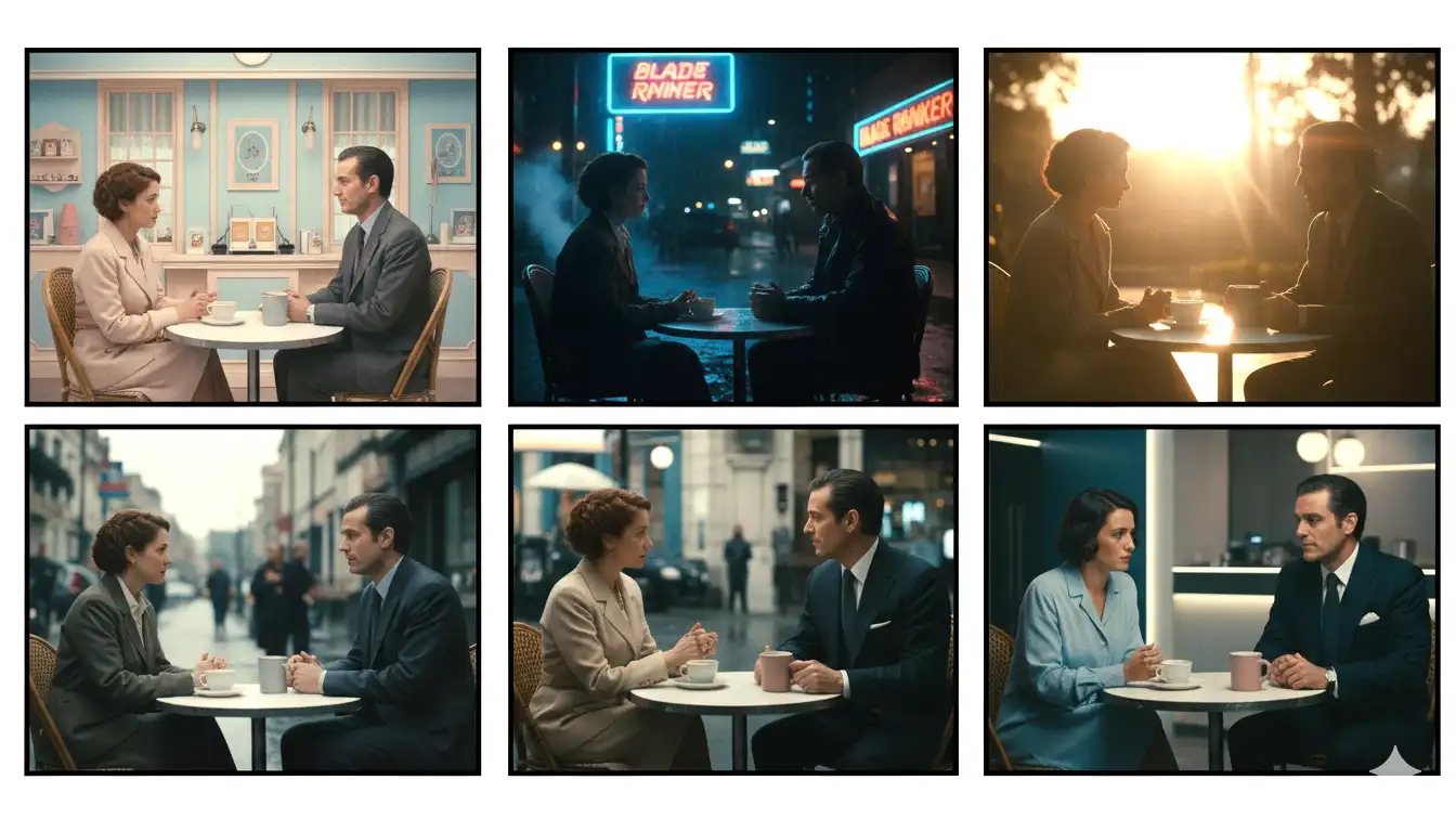 Grid showing the same scene shot in six different cinematographic styles—Wes Anderson symmetric, Blade Runner noir, Terrence Malick natural light, handheld documentary, classic Hollywood, and modern commercial