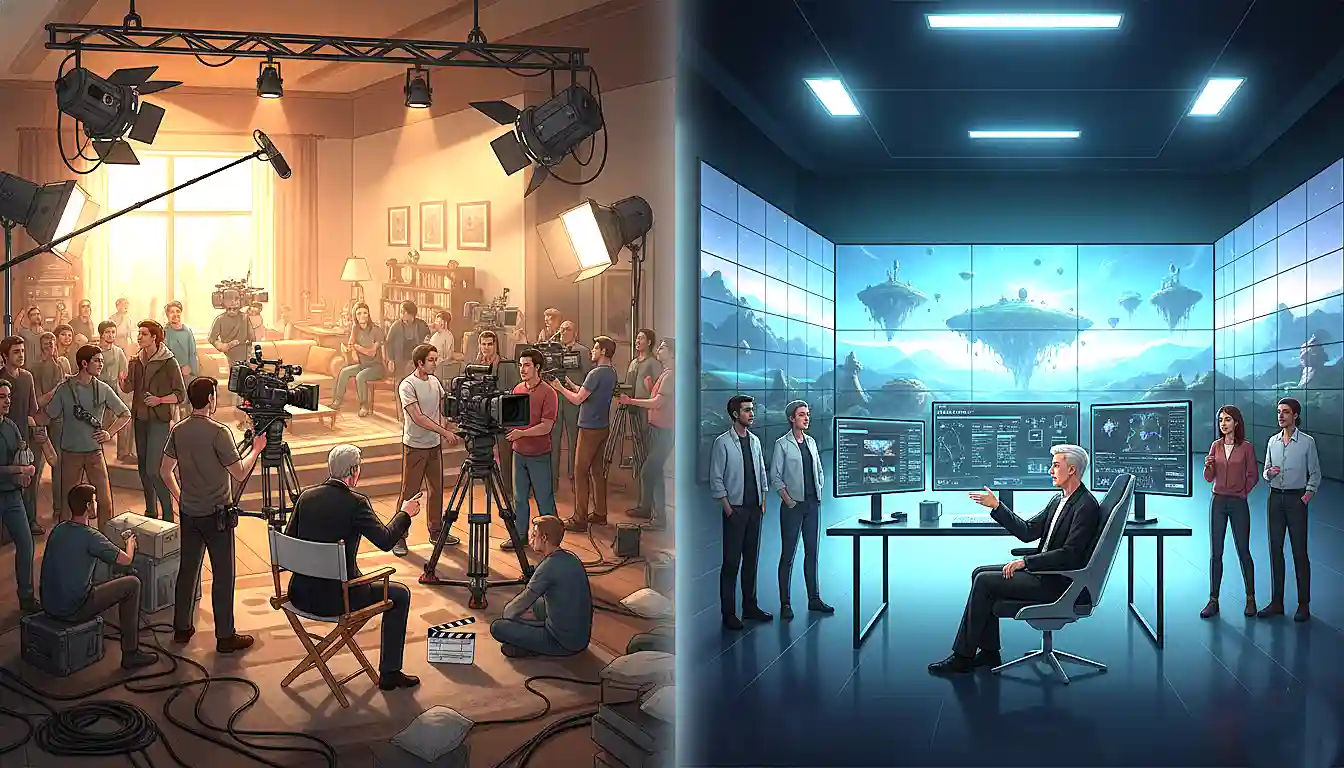 Split-screen comparison showing traditional filmmaking workflow with large crew on left versus streamlined AI-assisted production with smaller team on right, highlighting efficiency gains