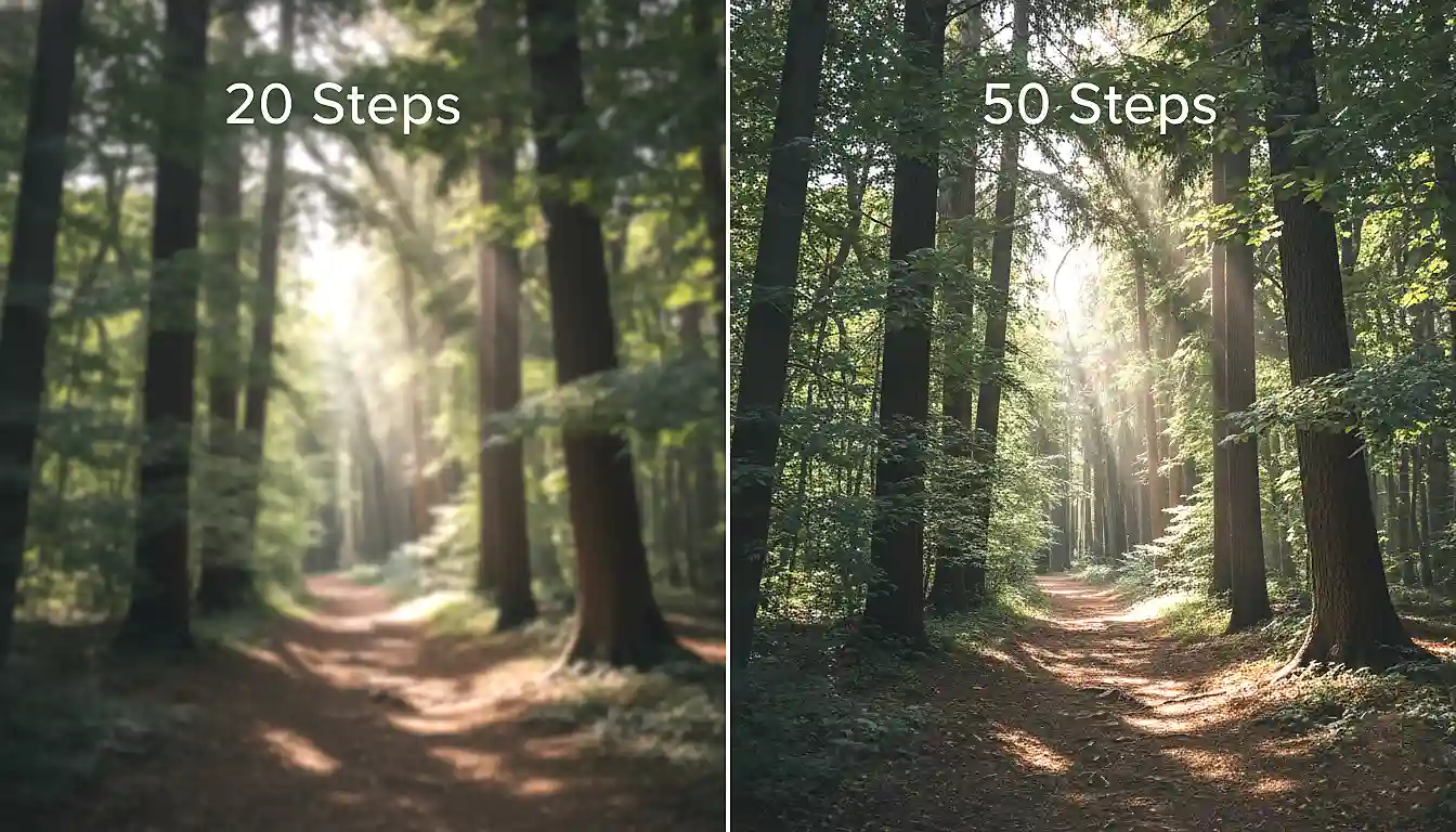 Side-by-side comparison showing the same AI-generated forest scene at 20 steps versus 50 steps, highlighting quality differences in detail and clarity