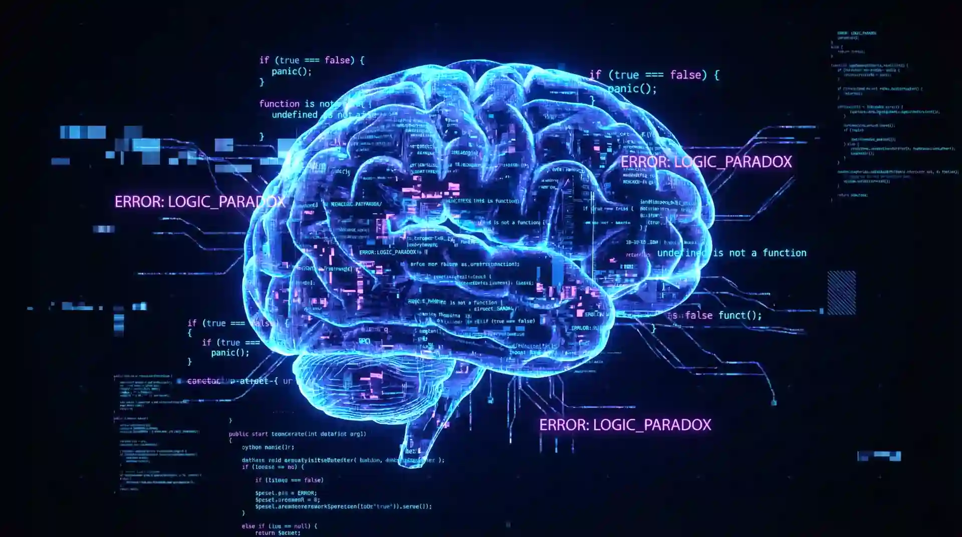 Visual diagram showing perfect-looking code on surface with hidden logic errors underneath, illustrated with magnifying glass revealing subtle bugs in timezone handling, async operations, and edge cases