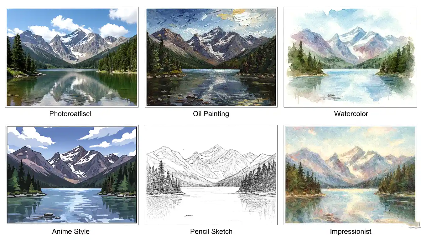 Grid displaying the same landscape scene rendered in six different artistic styles by AI - photorealistic, oil painting, watercolor, anime, pencil sketch, and impressionist