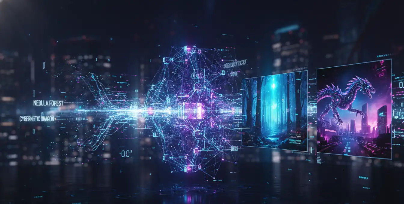 Visual representation of neural networks processing text into images with colorful data streams and digital art elements