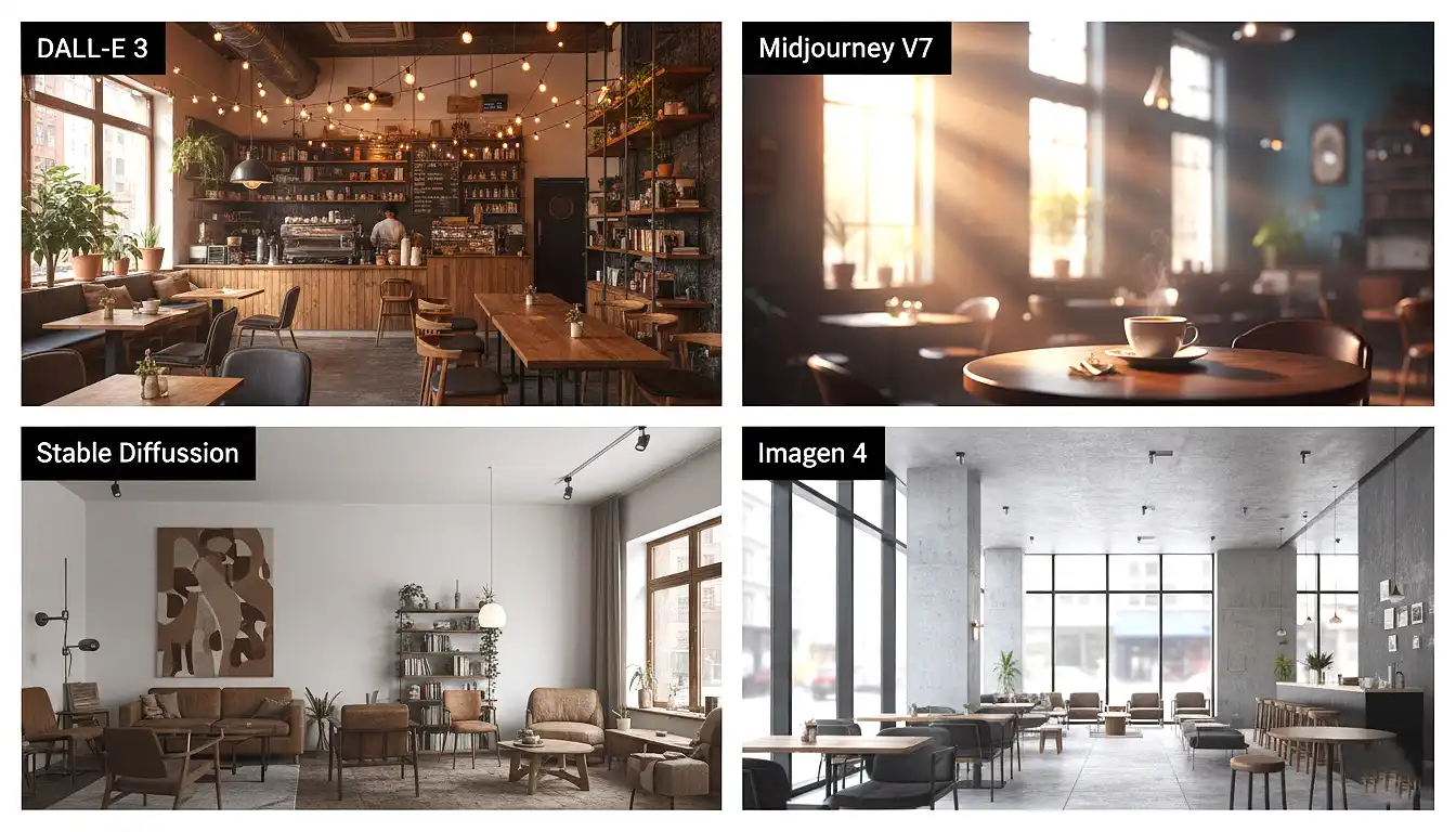 Four-panel comparison showing identical prompt generated across DALL-E 3, Midjourney V7, Stable Diffusion, and Imagen 4, highlighting each platform's distinct aesthetic and strengths