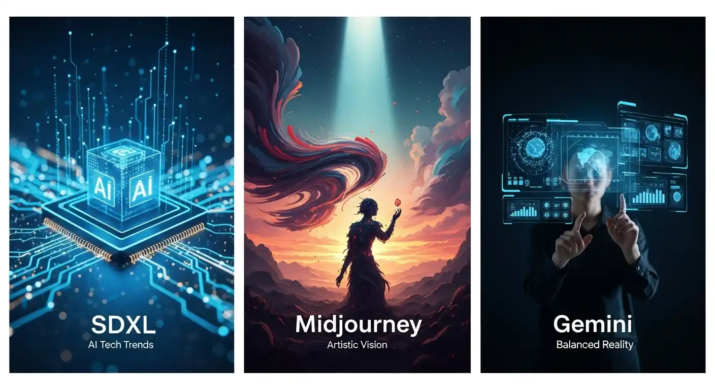 Comparison of thumbnails generated by SDXL, Midjourney, and Gemini Image showing different artistic styles and visual approaches