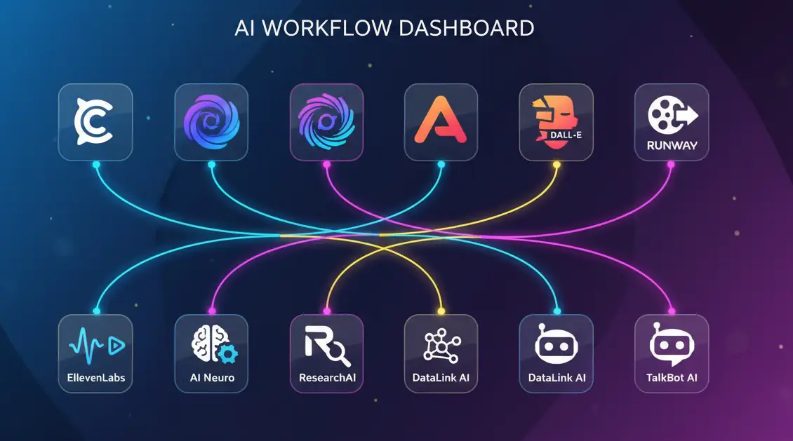 Dashboard showing various AI tools and applications working together for content creators