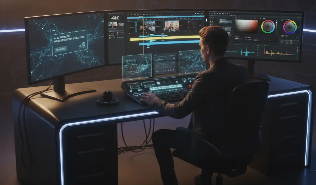 Professional video editor working with AI-powered editing software