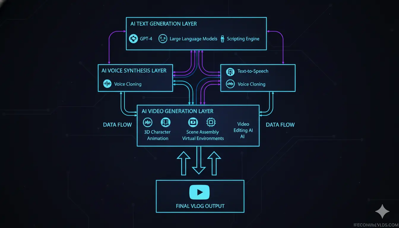 Technology components working together to create AI vlogs
