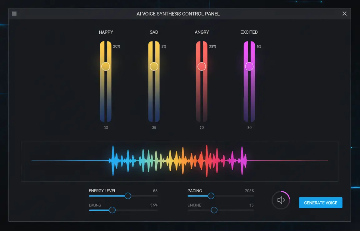 Interface showing emotion and tone controls for AI voice