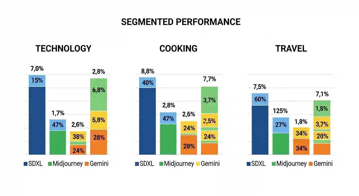 Detailed chart showing CTR performance of each AI tool segmented by content type including tech, cooking, and travel