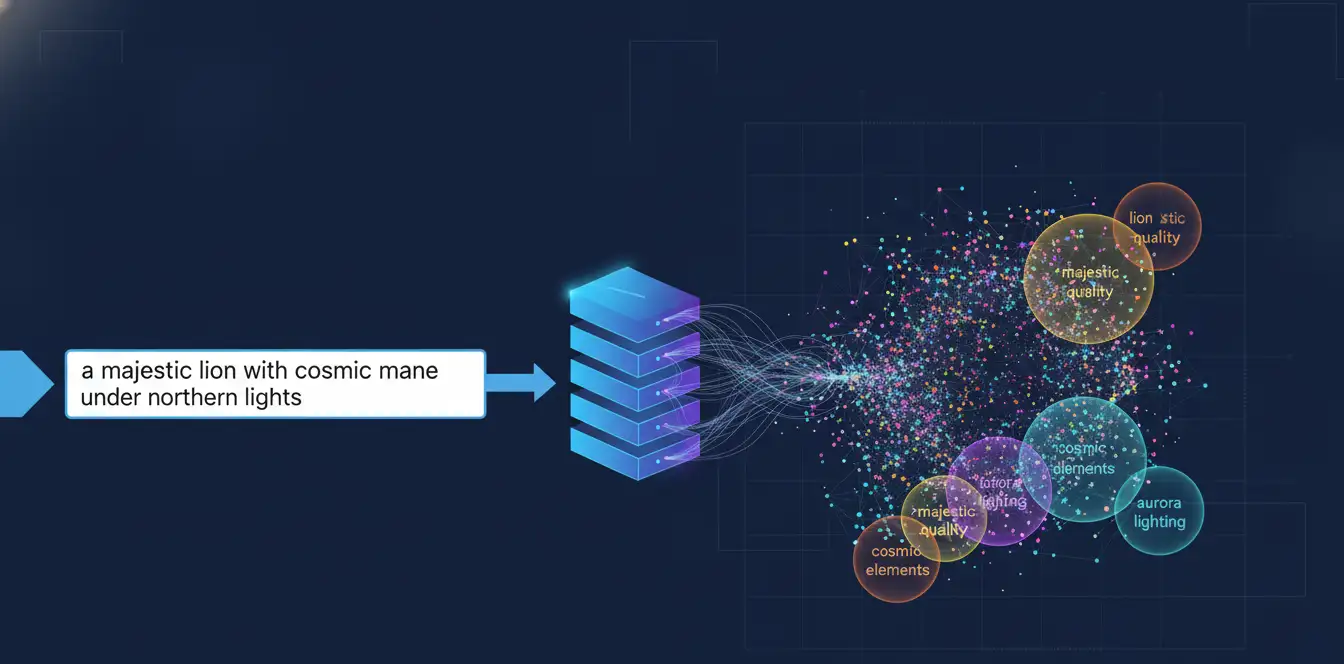 Diagram showing how CLIP processes text prompts into mathematical embeddings for image generation