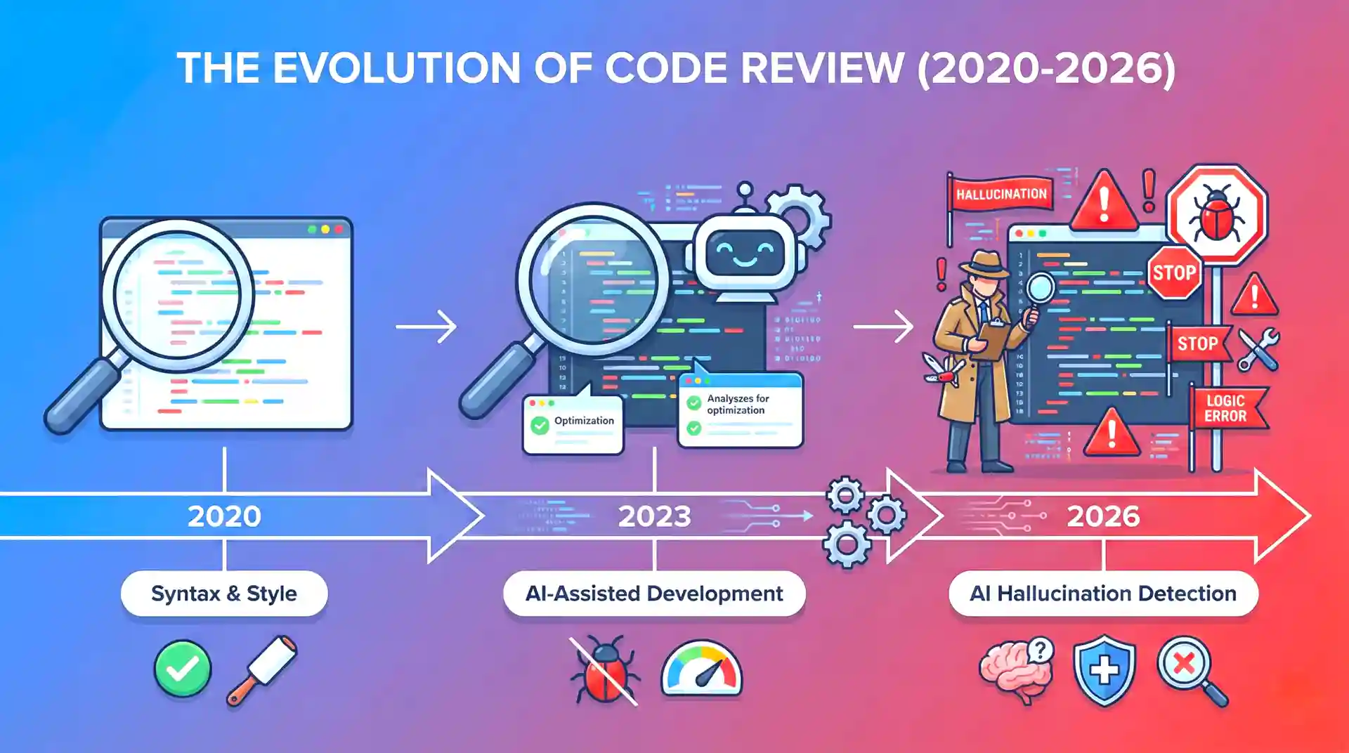 Timeline showing evolution of code review from 2020 to 2026, with changing focus from syntax errors to logic hallucinations, and new tools for AI code detection