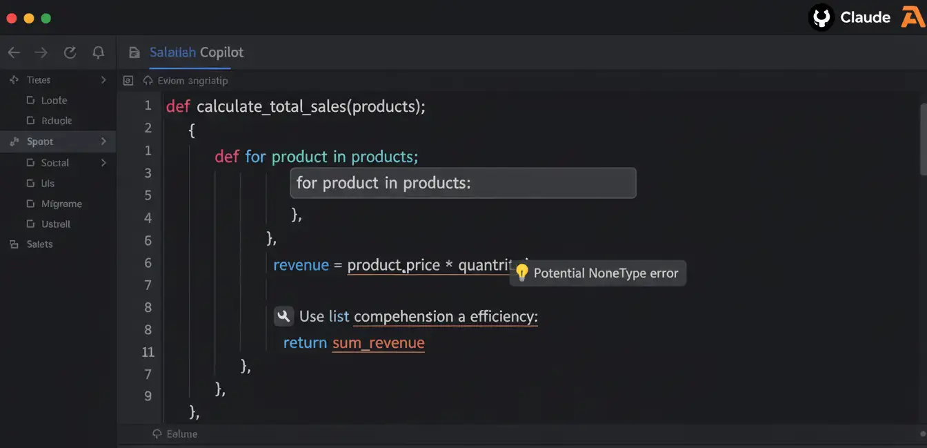 Code editor showing AI autocomplete, syntax highlighting, and debugging suggestions