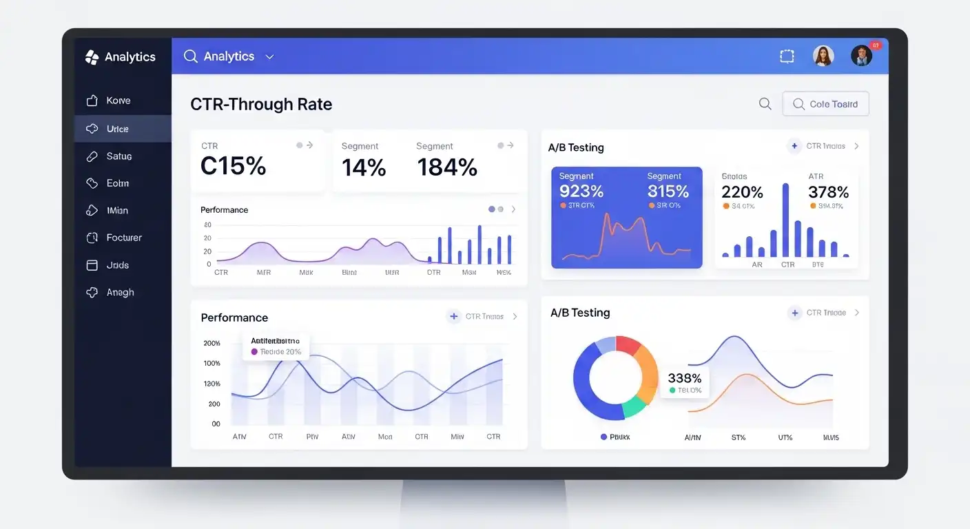 Analytics dashboard displaying click-through rate metrics and A/B testing framework for thumbnail performance