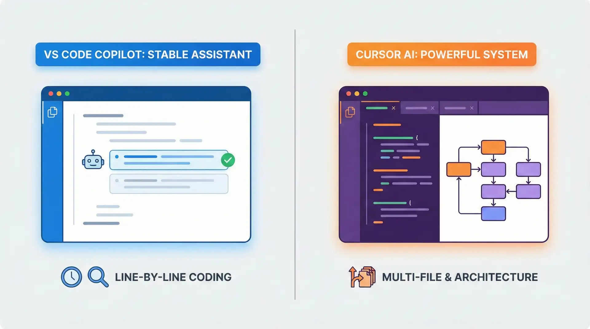 Side-by-side feature comparison chart of Cursor AI and VS Code Copilot capabilities