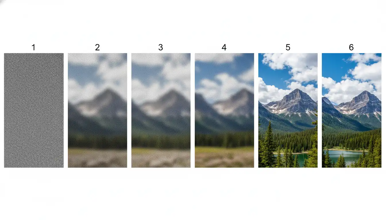 Sequential visualization showing six stages of image generation from random noise gradually transforming into a clear landscape photograph through AI diffusion process