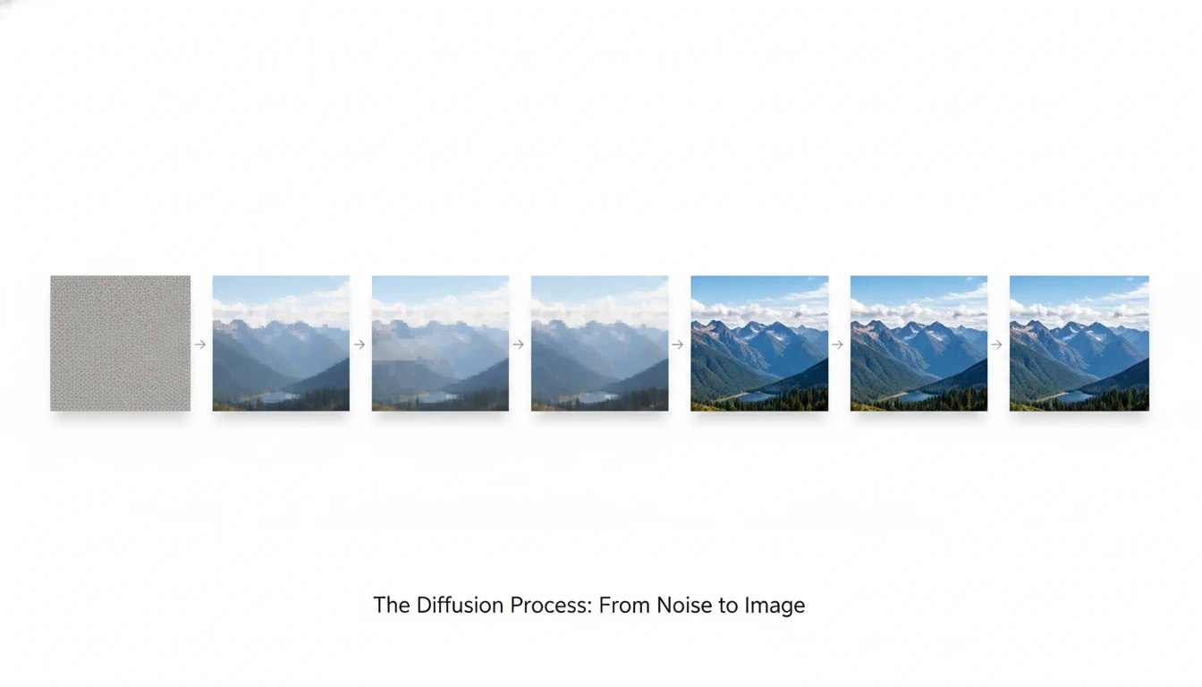 Step-by-step visualization of the diffusion process transforming noise into a clear image