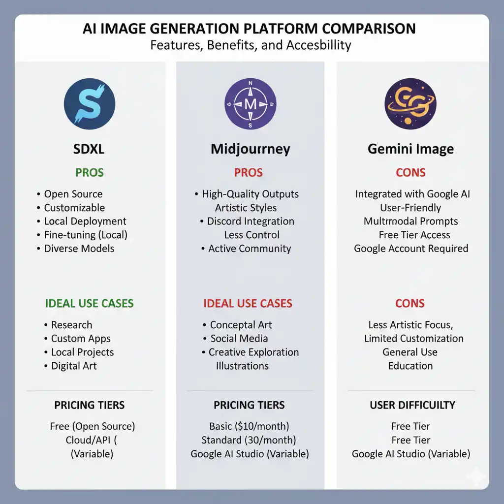 Summary infographic comparing strengths, weaknesses, and ideal use cases for SDXL, Midjourney, and Gemini Image