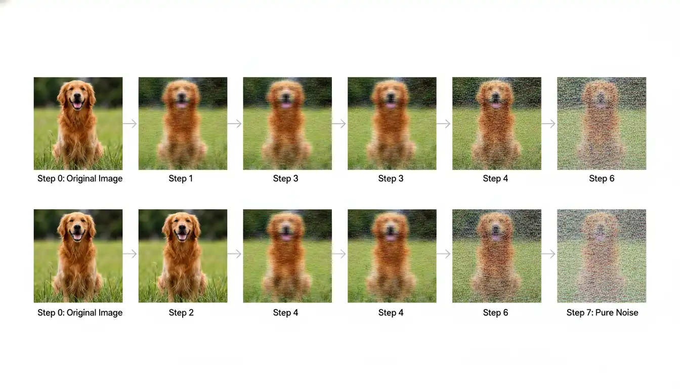 Step-by-step visualization of forward diffusion adding noise to transform a clear image into random noise