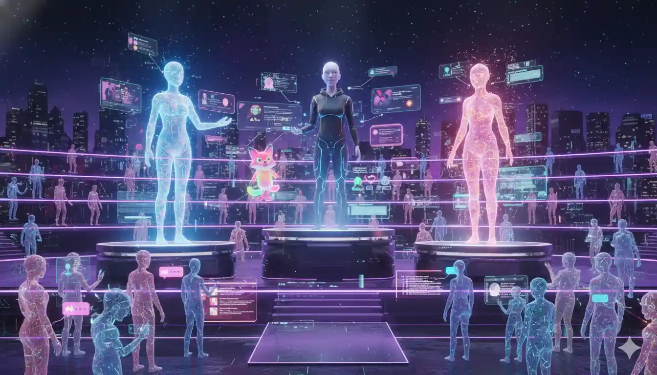 Futuristic vision of advanced AI content creators and digital personalities