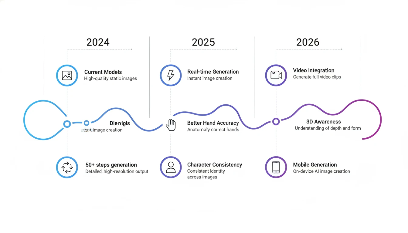 Infographic timeline showing evolution of AI image generation capabilities from 2024 through projected 2026 advances including real-time generation, video integration, and 3D awareness