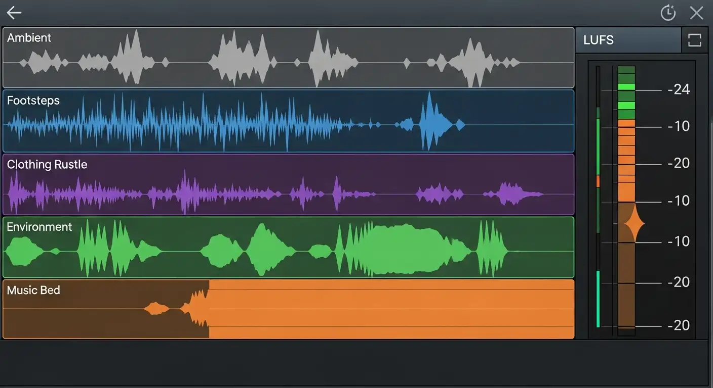 Layered audio stack for POV ambience, foley, and low-mix music bed