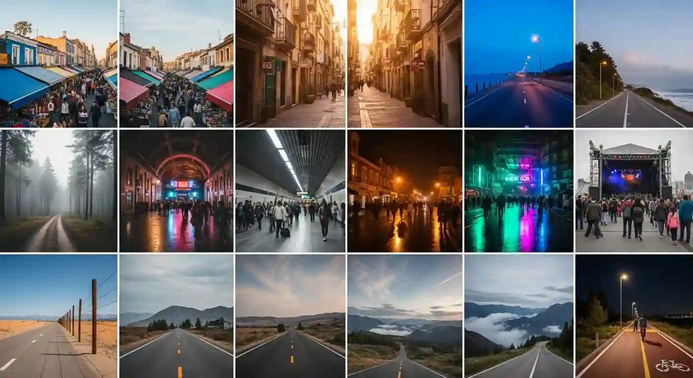 Ten dynamic background thumbnails from market to bikeway for POV planning