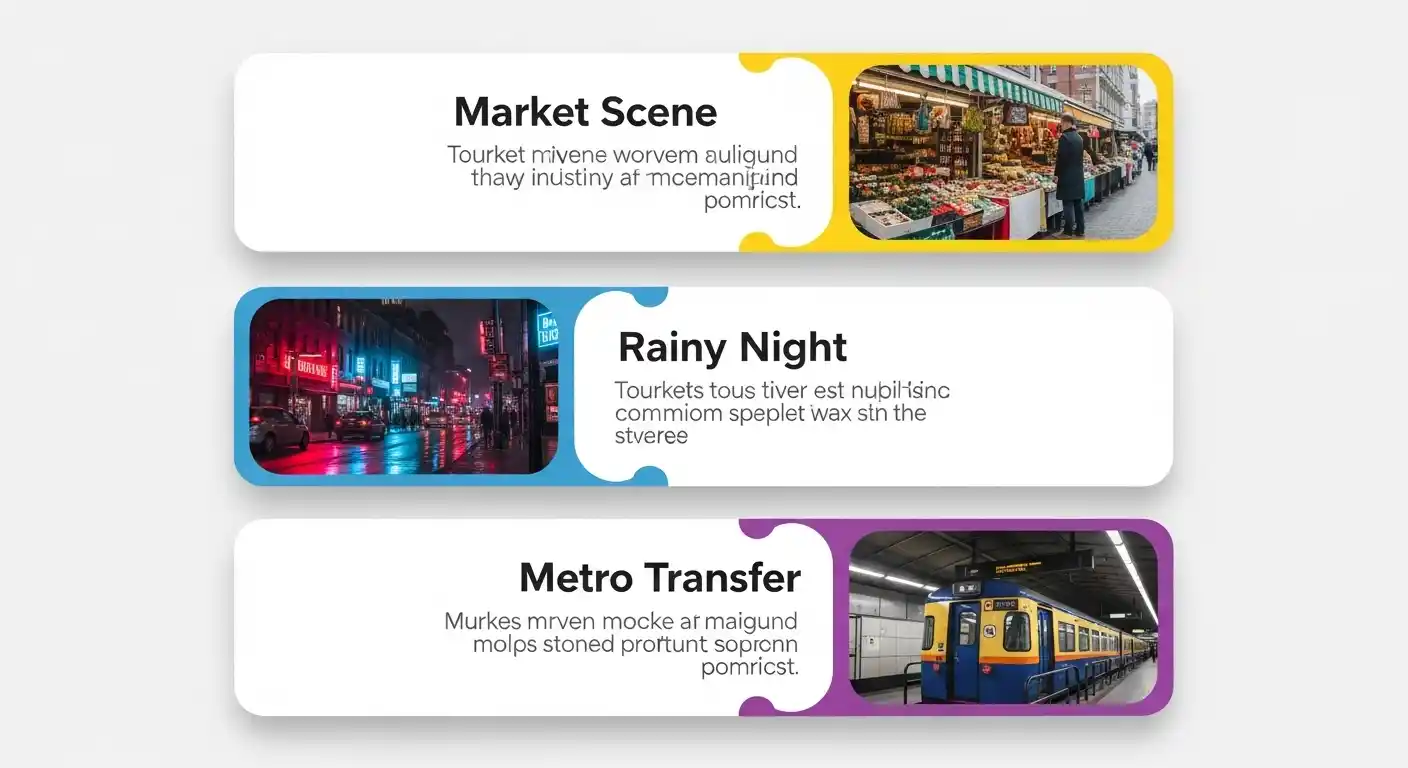 Three prompt cards showing market, neon rain, and metro concourse recipes