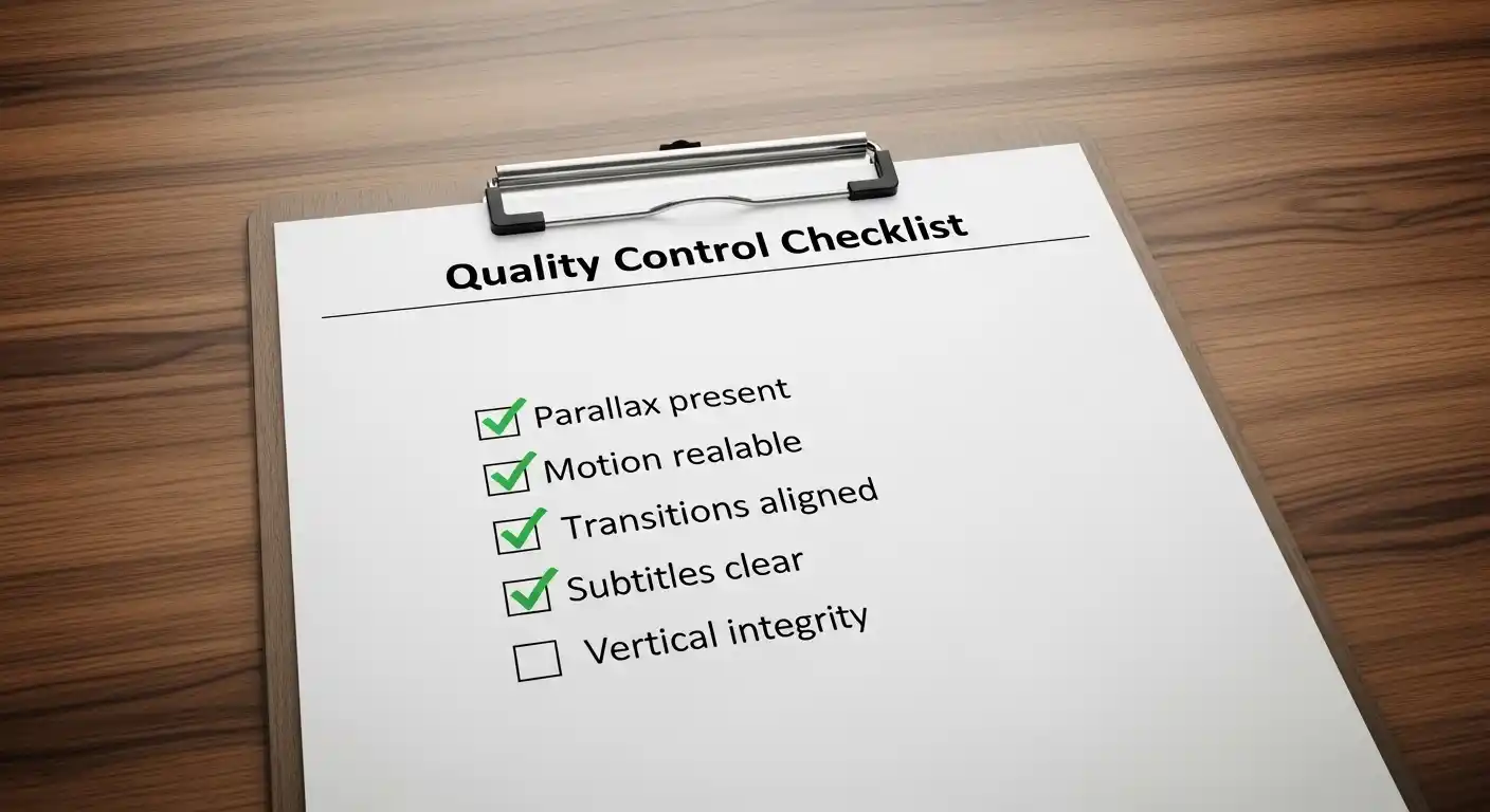 Printed checklist for parallax, motion, merges, subs, and vertical integrity