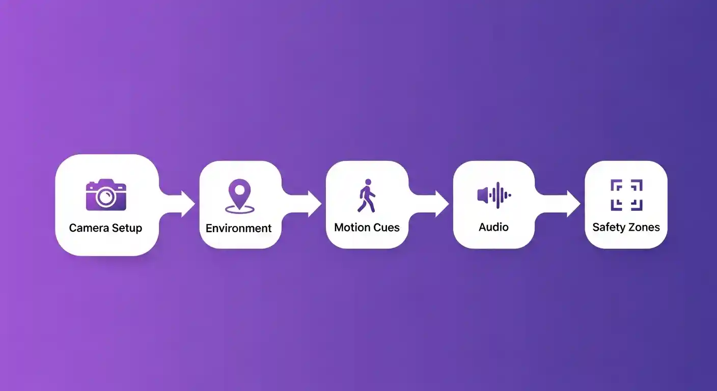 Prompt scaffold blocks mapped to camera, environment, motion, audio, and safety zones