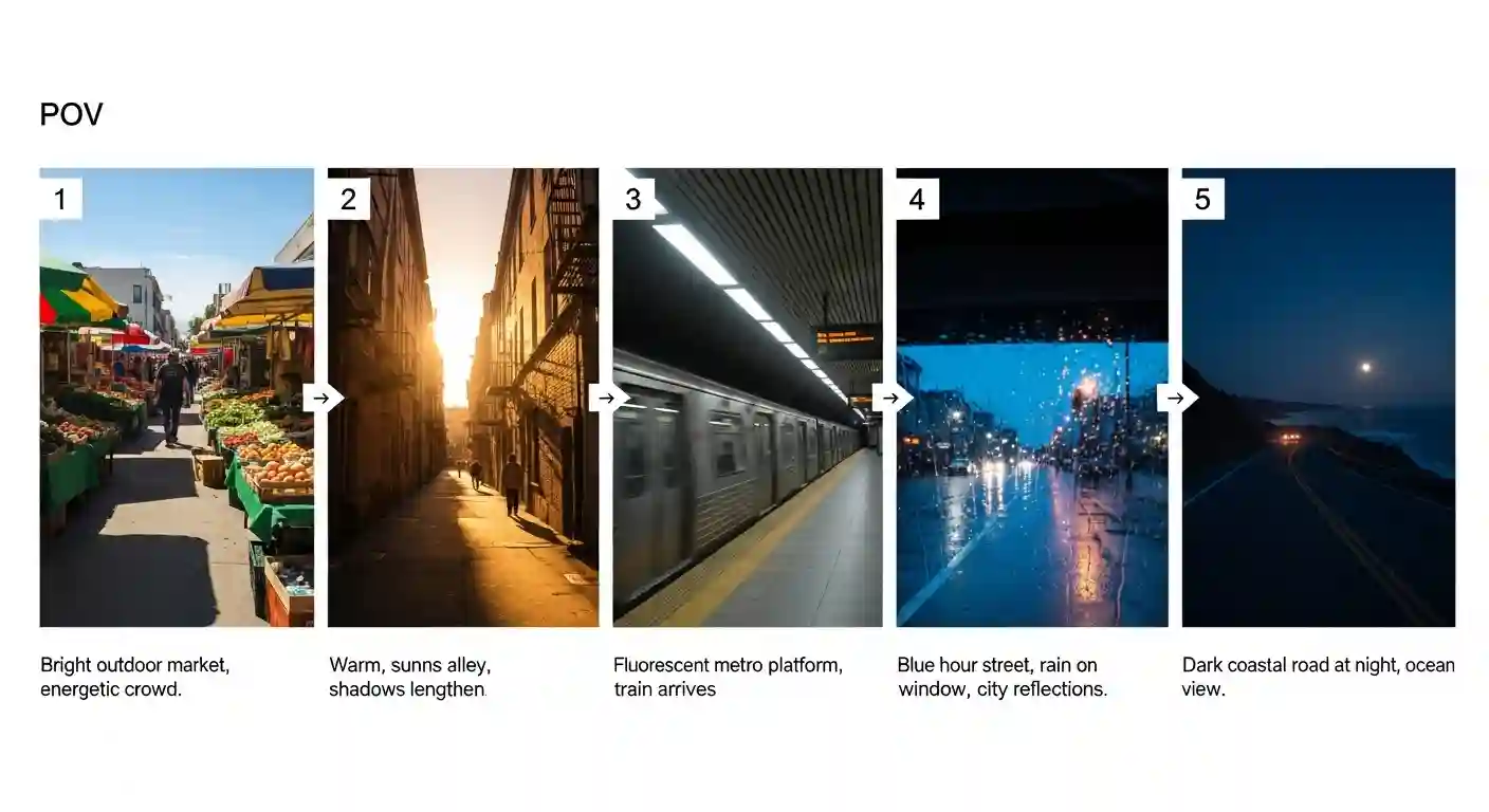 Five-scene storyboard thumbnails showing hooks and merges for a POV short