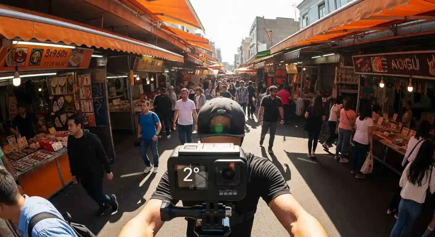GoPro chest mount POV walking through a busy street market with shallow tilt