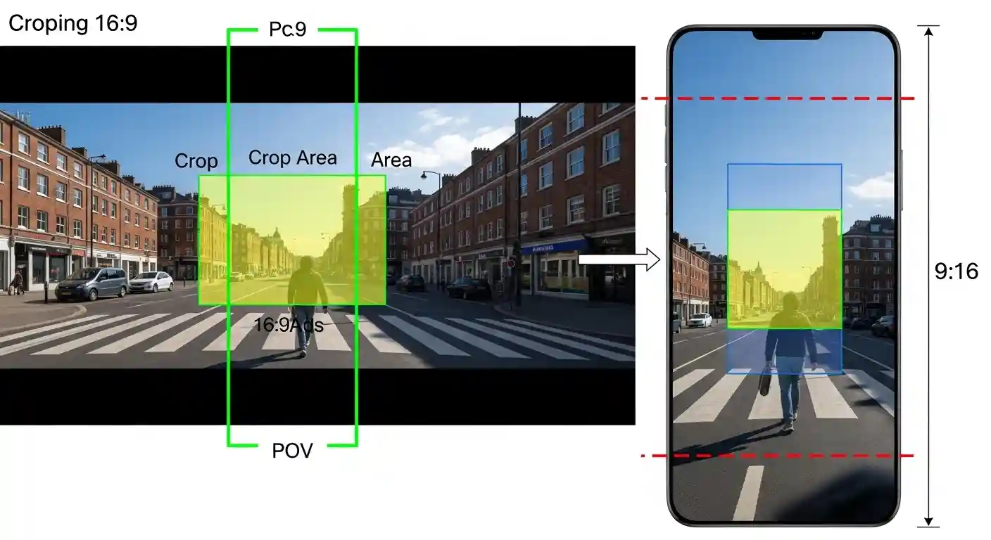 Visual guide to 9:16 crop lines and caption-safe areas for POV