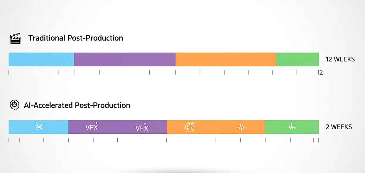 Diagram showing collaborative workflow where AI handles technical tasks like assembly and rendering while human creatives make artistic decisions and provide oversight
