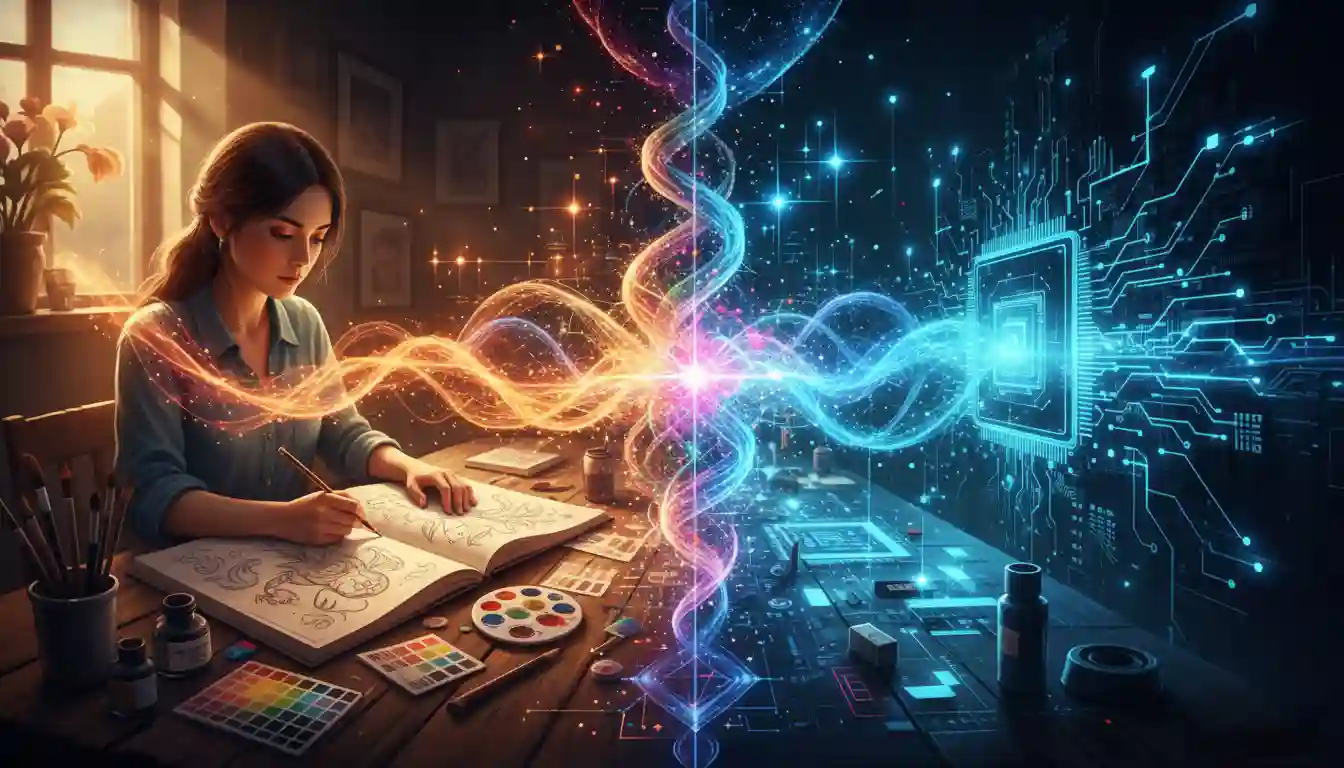 Conceptual image showing human artist collaborating with AI diffusion model technology