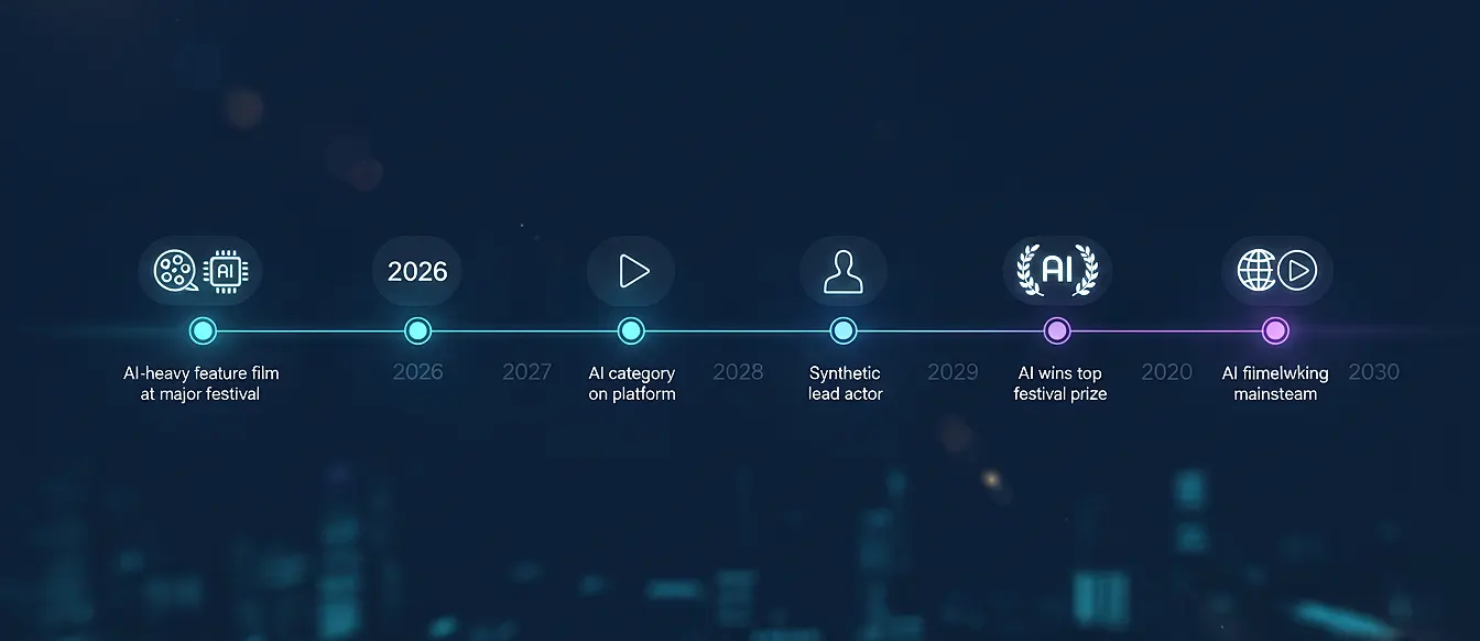 Conceptual image showing a filmmaker at a workstation with AI interfaces, surrounded by holographic screens displaying scenes being created, representing harmonious human-AI collaboration