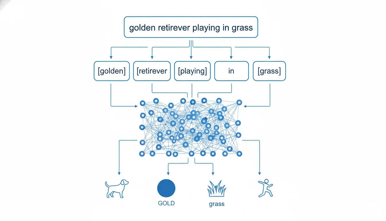 Diagram illustrating how AI breaks down text prompt into tokens, with neural network connections showing semantic relationships between words and visual concepts
