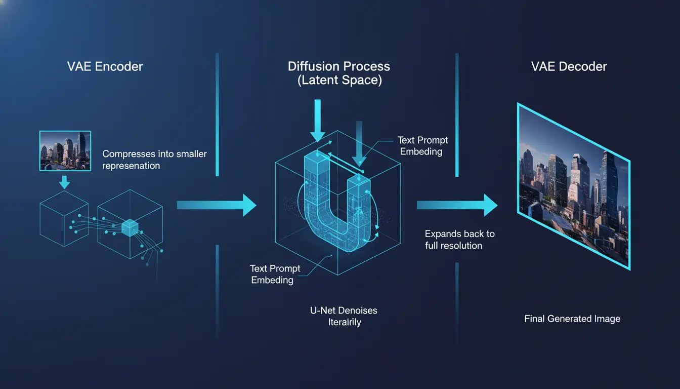 Technical diagram showing how latent diffusion models work in compressed space for faster generation
