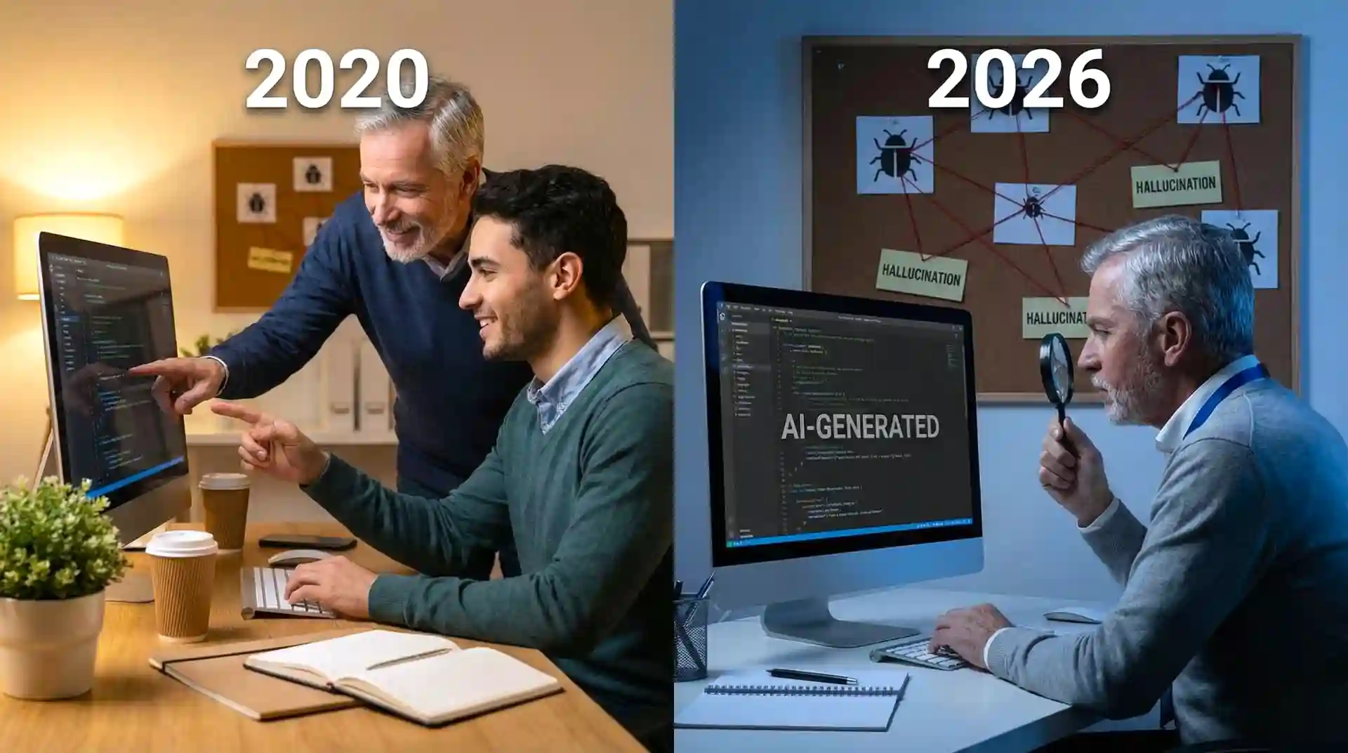 Split-screen comparison showing traditional code review with mentor teaching junior developer on left versus modern code review with senior engineer scrutinizing AI-generated code on right