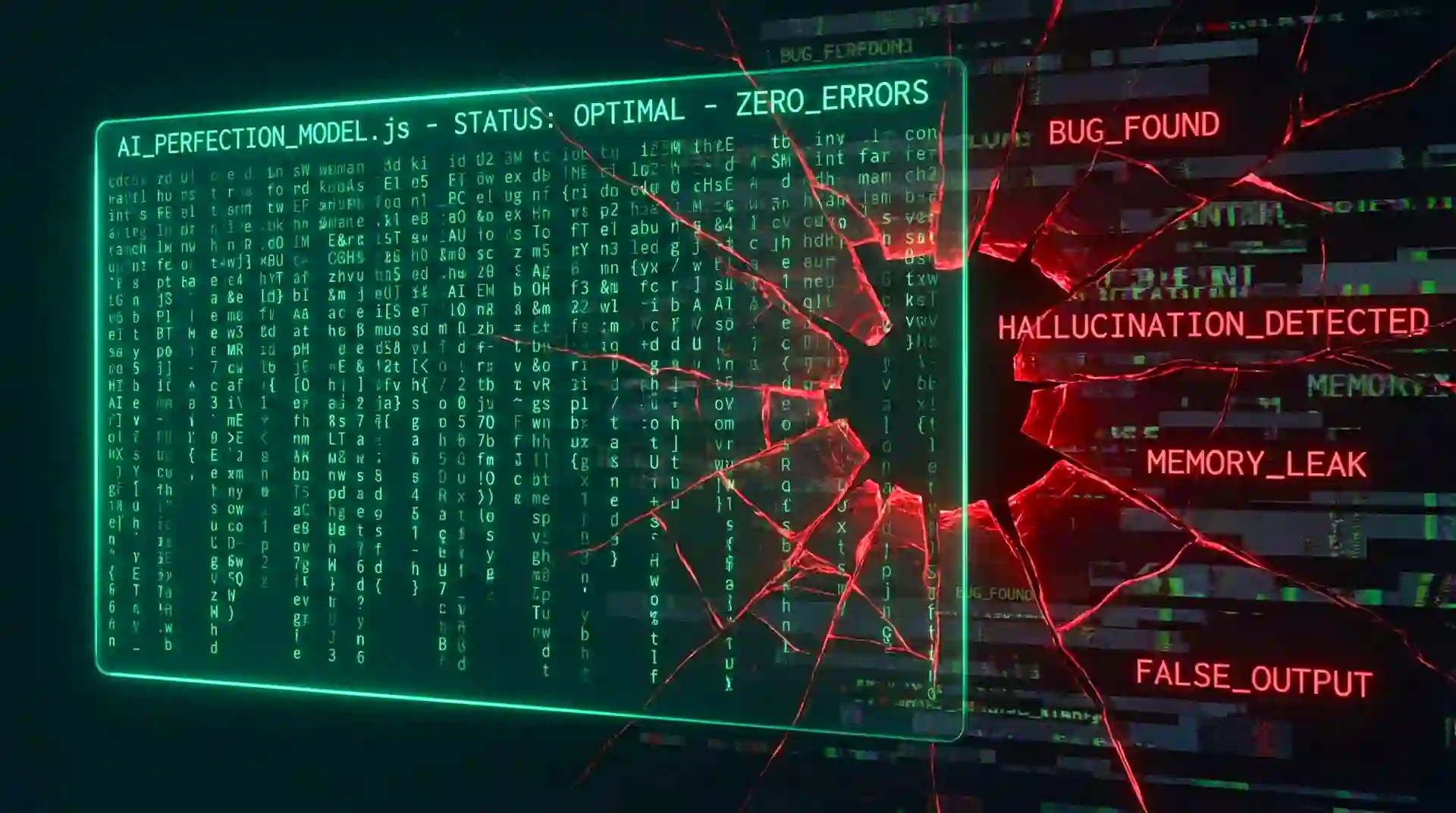Conceptual image of pristine code displayed on screen with subtle red warning indicators and bug symbols hidden in shadows, representing the deceptive nature of AI-generated code