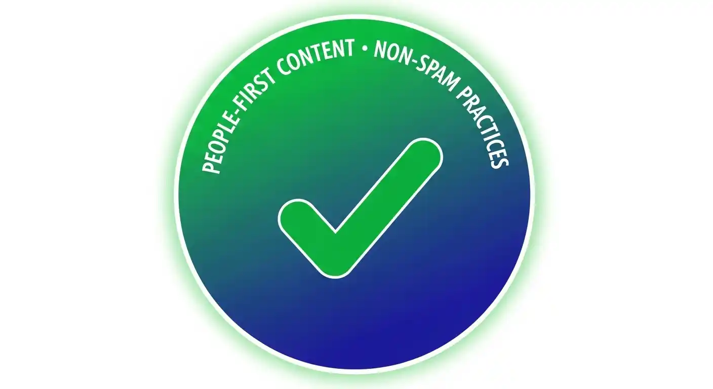 Compliance badge indicating people-first content and non-spam practices