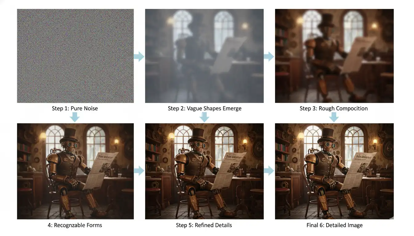 Progressive stages of reverse diffusion showing noise gradually transforming into a detailed AI-generated image