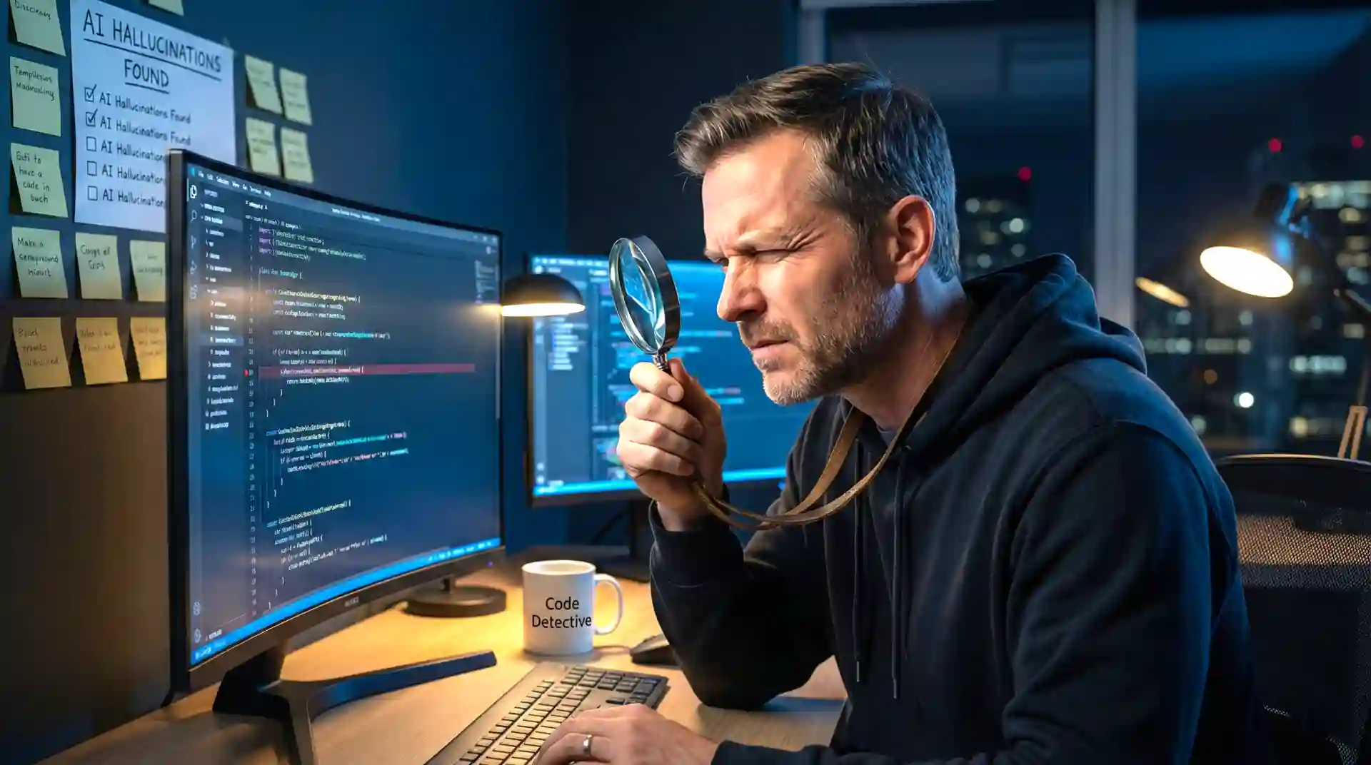 Senior software engineer at desk reviewing code on multiple monitors, with AI-generated code highlighted and annotations showing potential logic errors and edge cases
