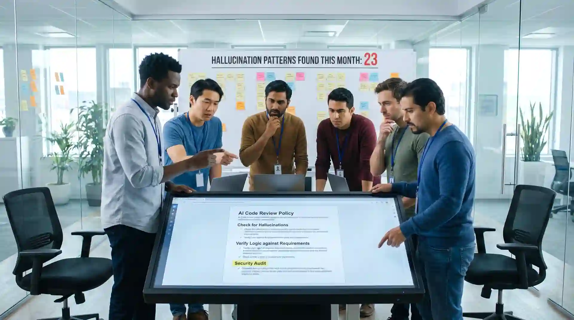 Development team gathered around table with laptops and screens showing code review checklist, AI detection tools, and collaborative discussion of potential hallucinations