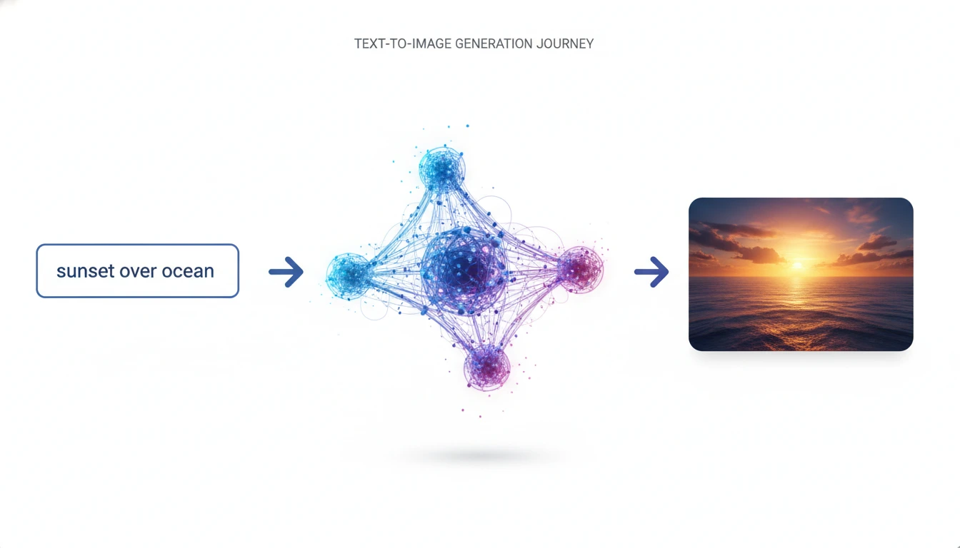 Visual demonstration showing a text prompt being transformed into a digital image through AI processing stages, with neural network nodes connecting words to visual elements