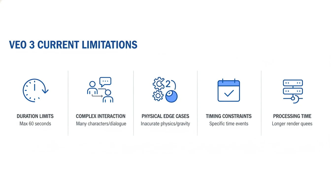 Infographic showing current limitations of Veo 3 technology