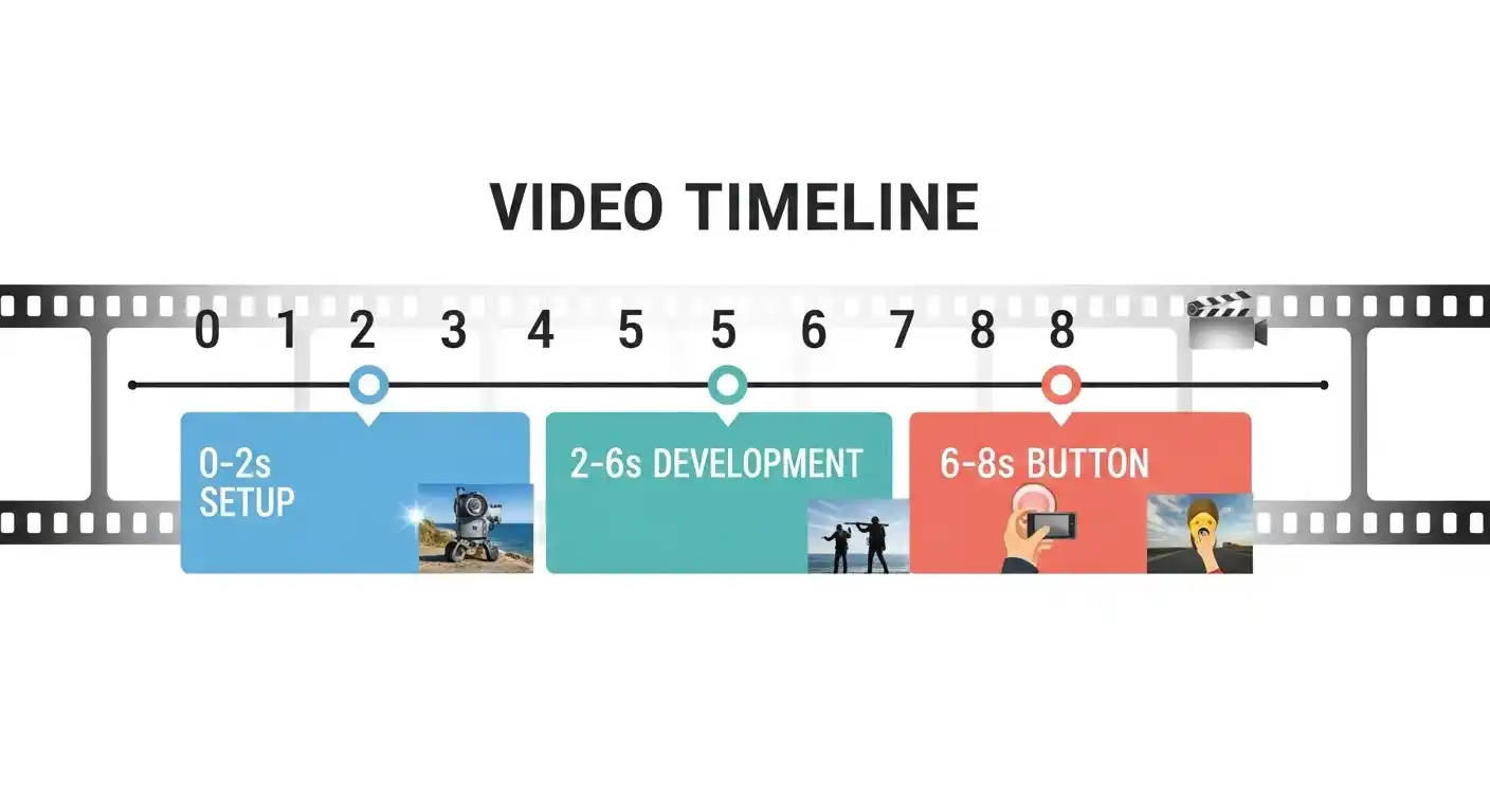 Zero to two seconds setup, two to six seconds development, six to eight seconds button timeline showing optimal pacing structure for eight-second video atoms