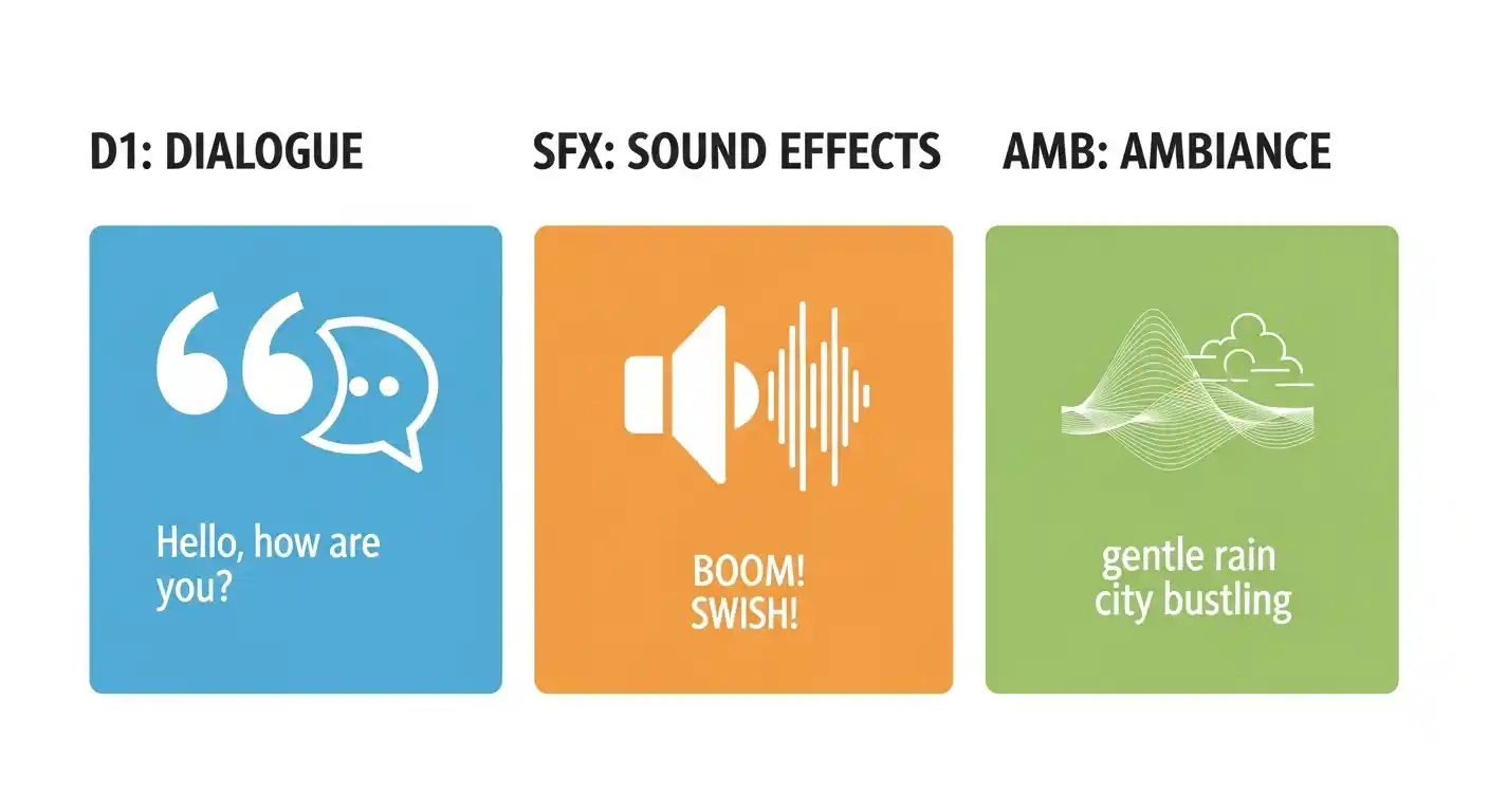 Dialogue in quotes, SFX labels, and ambiance descriptors showing proper formatting for audio tokens and voice prompts in Veo 3 video generation