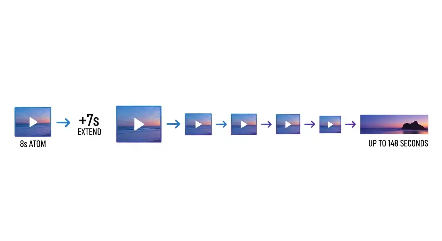 Eight-second atom extended in steps for a longer sequence showing how to use Veo 3.1 Extend feature to chain multiple atoms into continuous footage up to 148 seconds