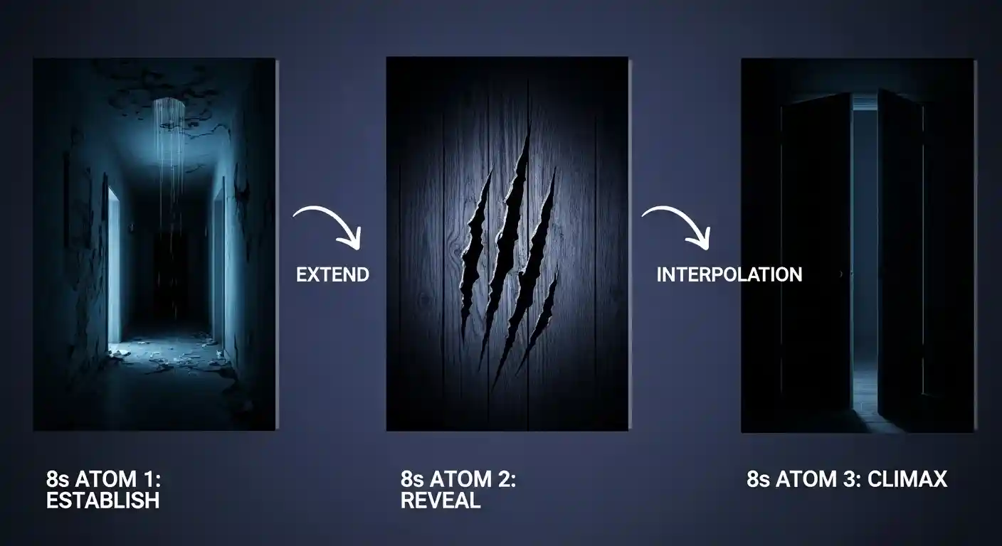 Three-atom horror beatline with extend and interpolation bridge showing practical example of how to connect scene atoms using extend and interpolation techniques for seamless transitions