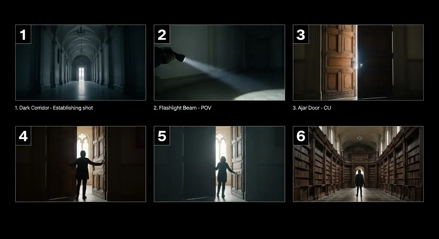 Storyboard of sequential eight-second scene atoms for a short narrative showing how to plan and organize multiple video atoms into a complete multi-scene story